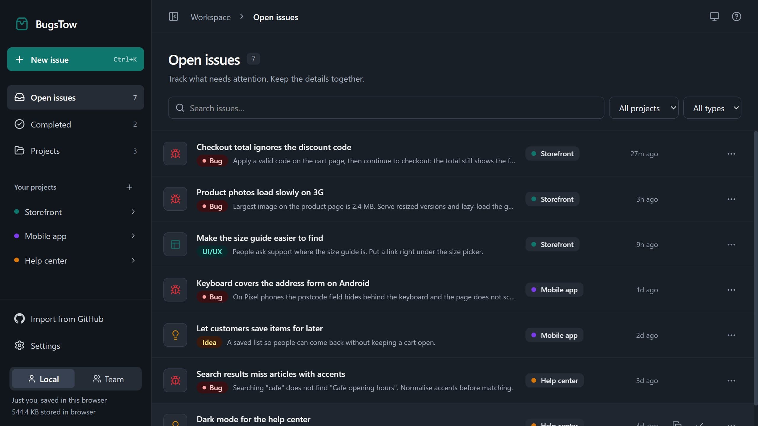 BugsTow workspace with issues grouped into projects and the Local and Team switch in the sidebar
