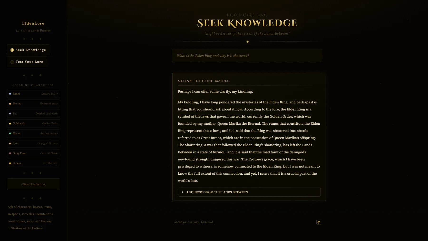 EldenLore RAG answering a lore question with citations