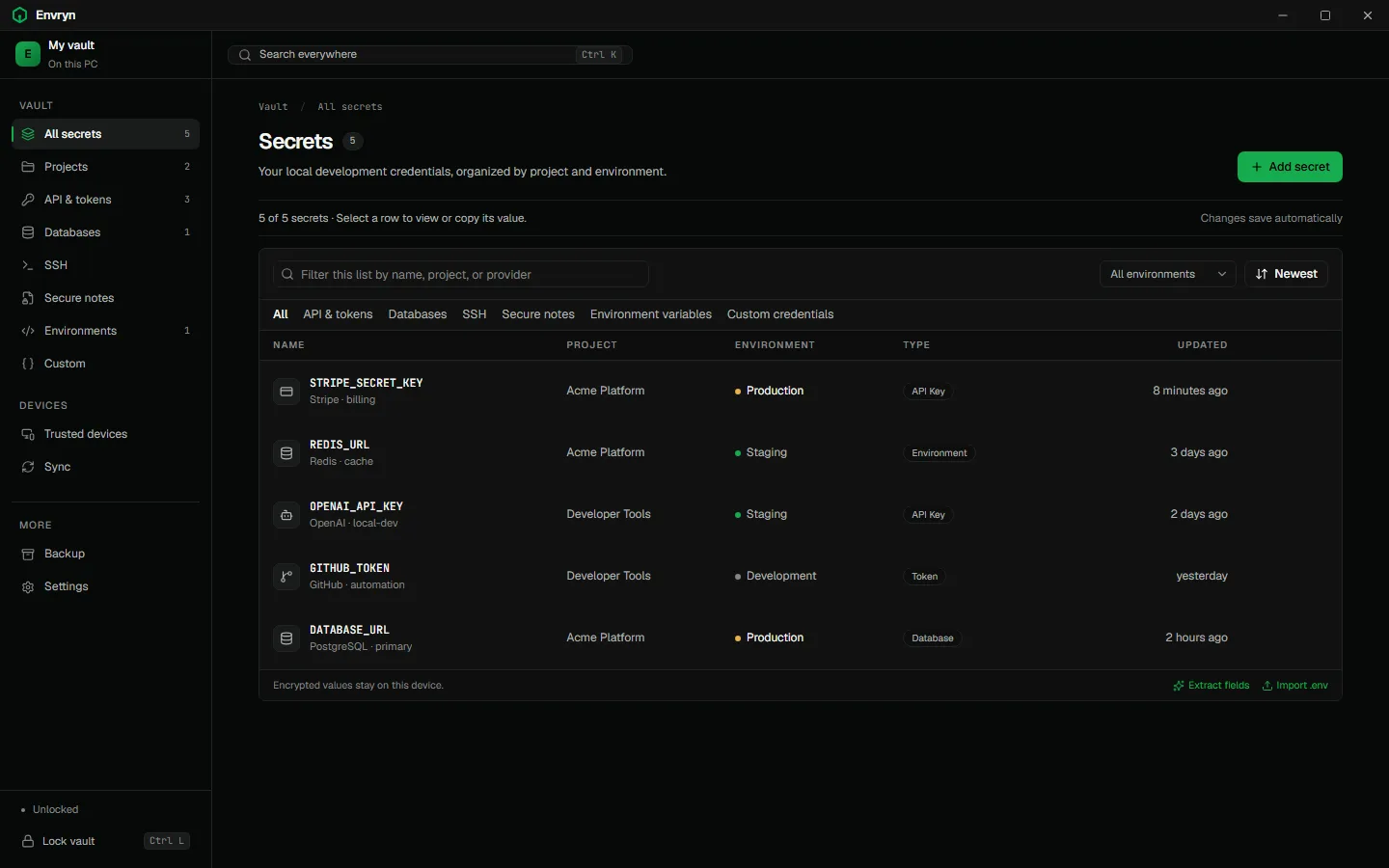 Envryn desktop vault with secrets grouped by project and environment, fabricated sample data