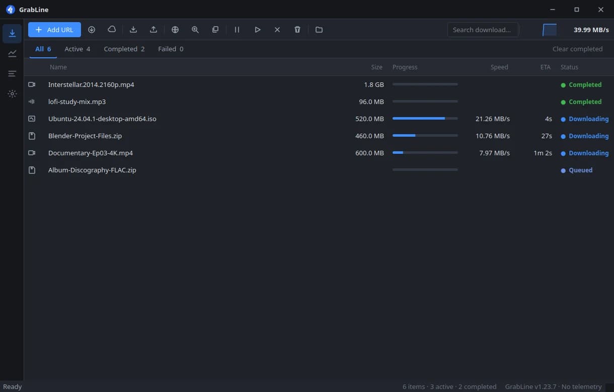 GrabLine download list with size, progress, speed, ETA and status for each file