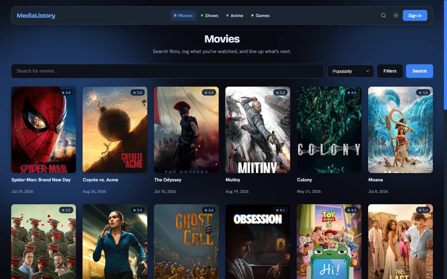 MediaListory movies grid