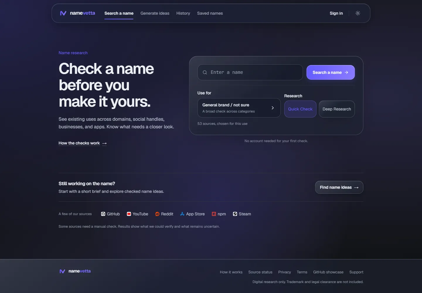 NameVetta home page with the name search