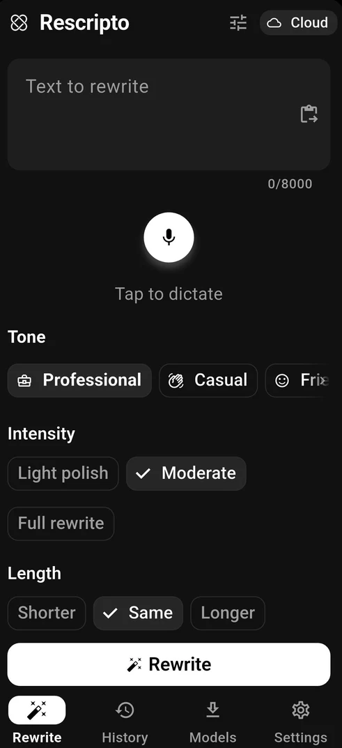 Rescripto rewrite screen with tone, intensity and length options