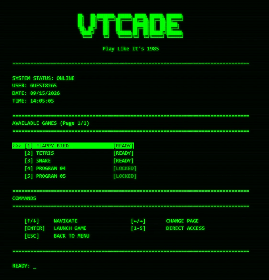 VTcade games menu rendered in green monospaced text